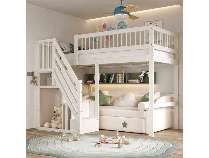 DRIPEX Lit superposé 90×200cm avec escalier avec placard de rangement devant le lit Lit pour enfants adolescents Blanc