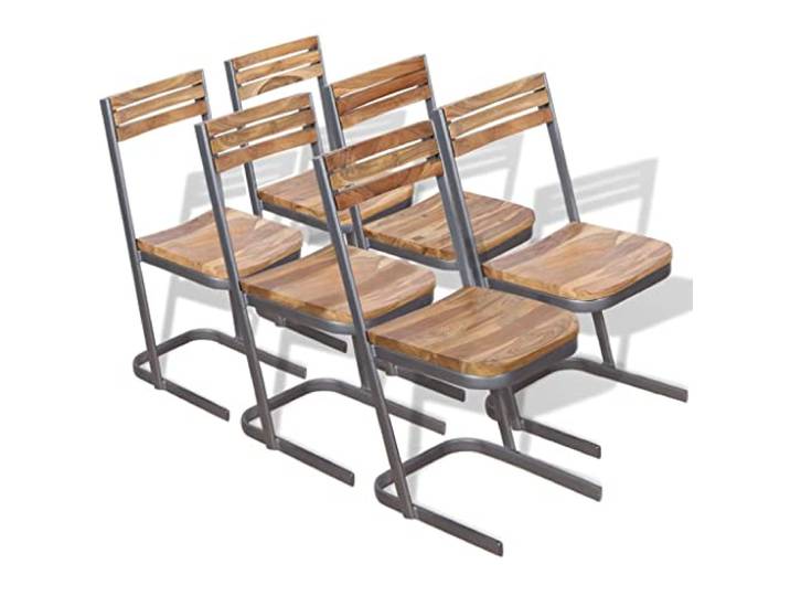 KUTYWEXFM Esszimmerstühle 6er Set Massivholz Teakholz Stuhl Küche Stabile Küchenstühle aus Teak & Eisen für Esszimmer, Bar und Küche. Unikate Holzmaserung mit pflegeleichter Oberfläche.