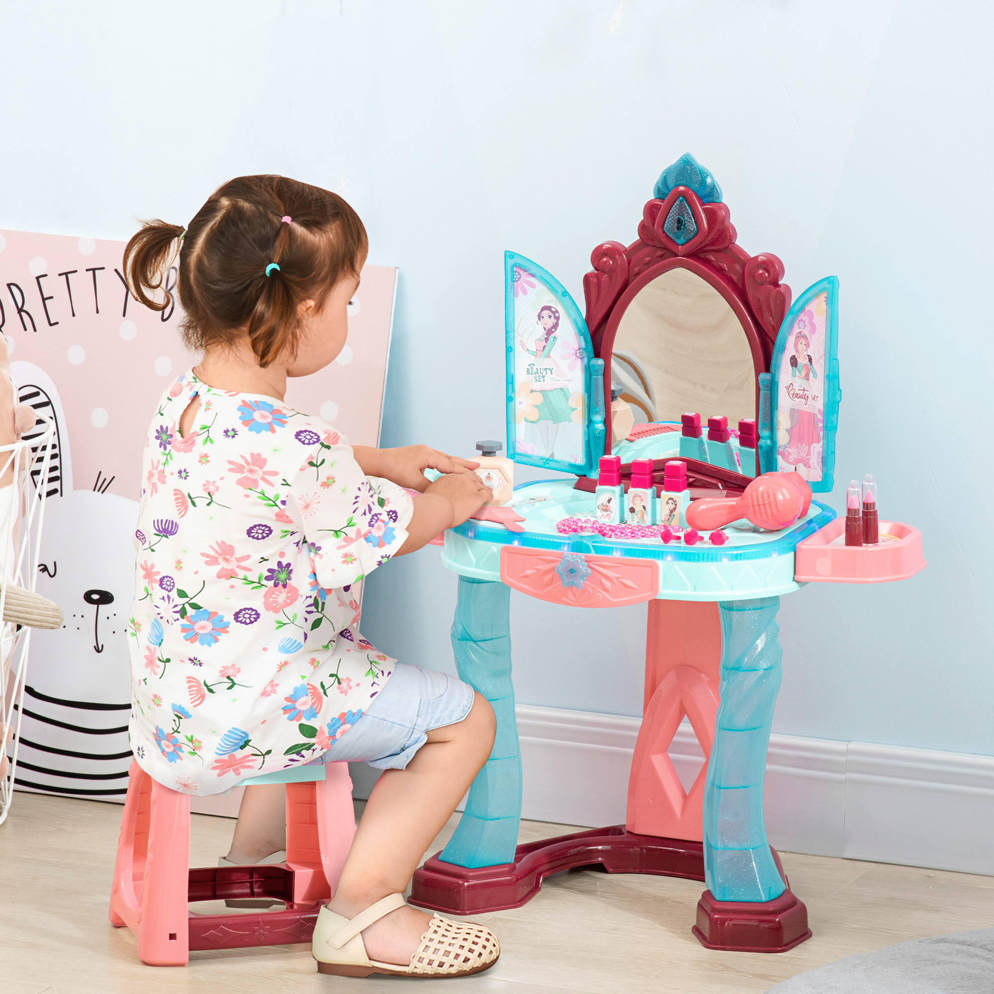Aiyaplay HOMCOM Set Toeletta con Sgabello per Bambini da 3-6 Anni con Luci, Musica e Accessori Aosom