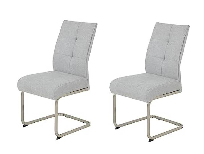 Hela Tische, 2er Set Esszimmerstuhl INES, Schwingstuhl, XL-Stuhl, Webstsoff Grau, Komfortsitz Federkorb, Metallgestell Edelstahloptik