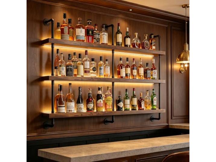 FKKPRVAX 160CM Großes Weinregal Wand Massivholz 2-Lagiger Hängeregal aus Acryl mit Glashalter und transparenten Ablagen Decke Dekoration Regal für Bars, Restaurants, Küchen