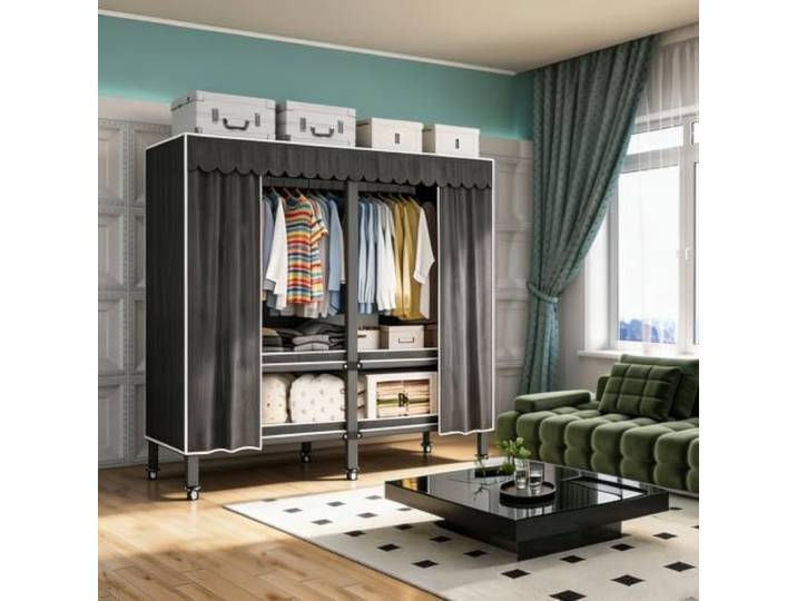 Stabil Stahlrahmen Kleiderschrank 500kg, (Schwarzes LL, 125cm/49.21in) Stoffschrank mit Kleiderstange stabil, Abdeckung Faltschrank mit Rollen, Kleiderschrank für Schlafzimmer