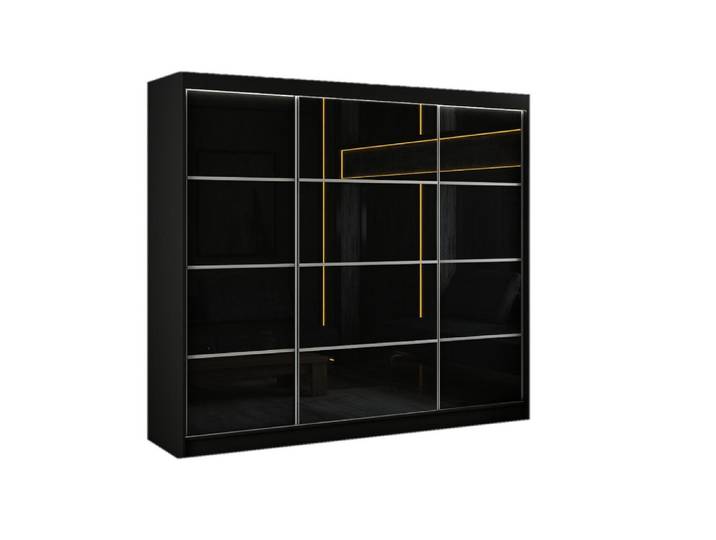 Margaret Hadas24 Schwebetürenschrank Porto III 250 cm 3-türig, schwarz, lacobel schwarz, Sprosse, Schwarz, Kunststoff, 250x215x61 cm, Schlafzimmer, Kleiderschränke, Schwebetürenschränke