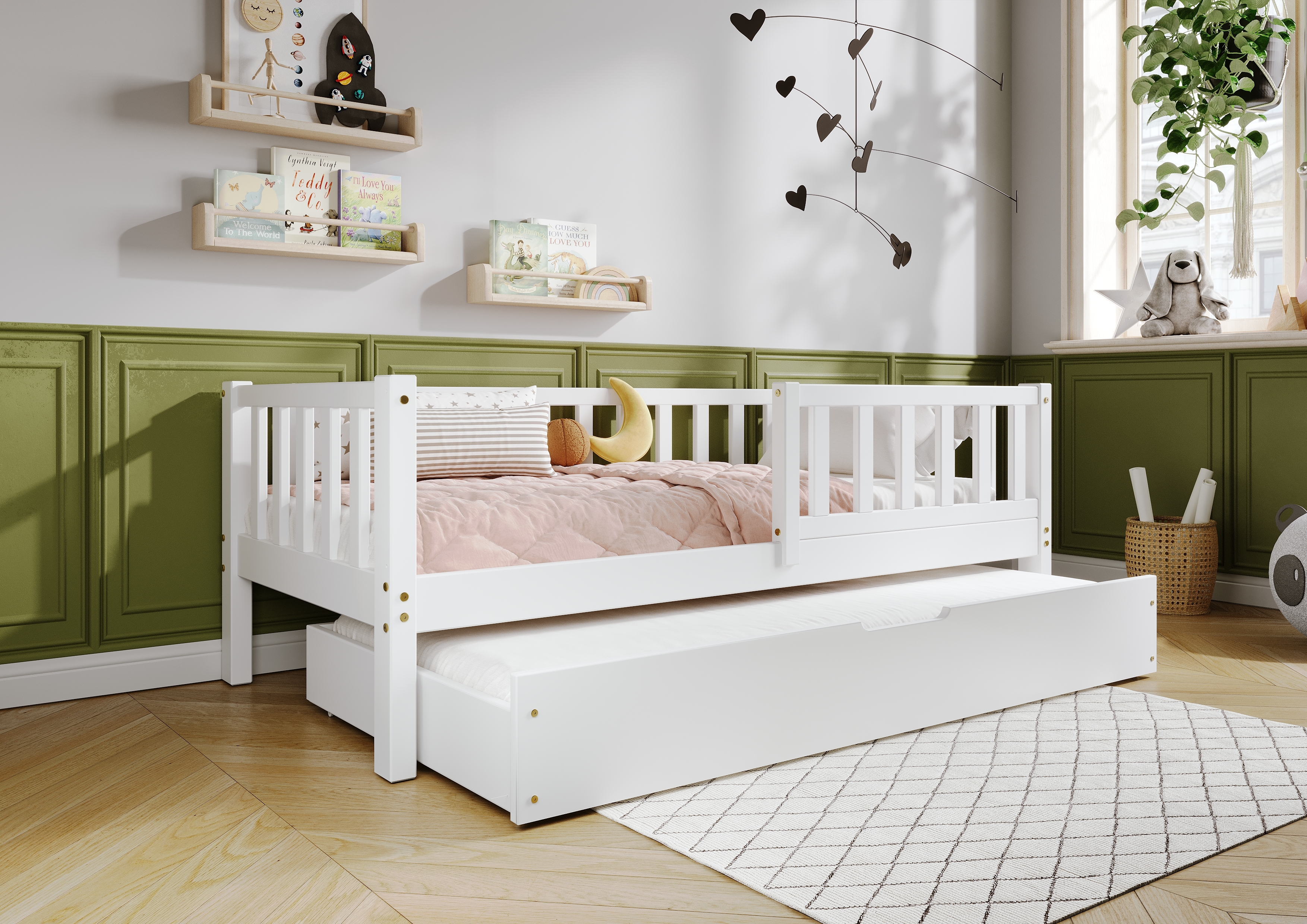 TIMBEE LENA Duo Doppelbett Kinderbett Holz Bett mit Schublade mit Schlaffunktion - Weiß - 80x160cm