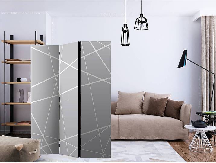 Paravent Modern Cobweb Akustik Vlies auf Kiefer Massiv Grau 135 x 172cm