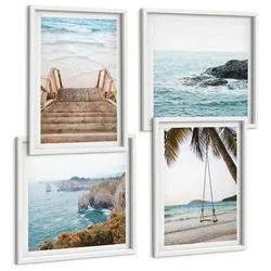BILDER SET 4er Set - 50x50 cm & 40x60 cm Weißer Rahmen - Treppe, Strand, Meerblick, Schaukel