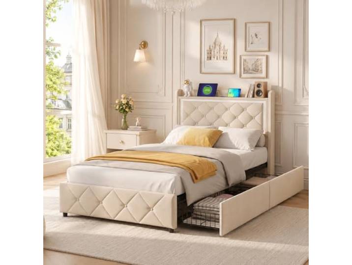 LieABak Polsterbett 90x200 cm mit 2 Schubladen, Einzelbett Bett mit Stauraum, Stauraumbett Schubladenbett mit Lattenrost, Jugendbett Funktionsbett Bettgestell, Beige, Samt (90x200cm)