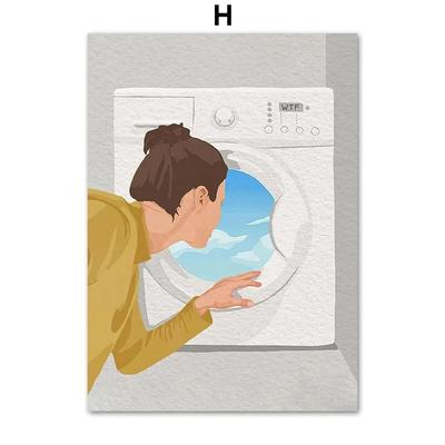 Inspired Finds Nordic Laundry Girl Canvas Wall Art Minimalist Bathroom And Living Room Decor h Conceptual Surreal Art 5.12x7.09in No Frame