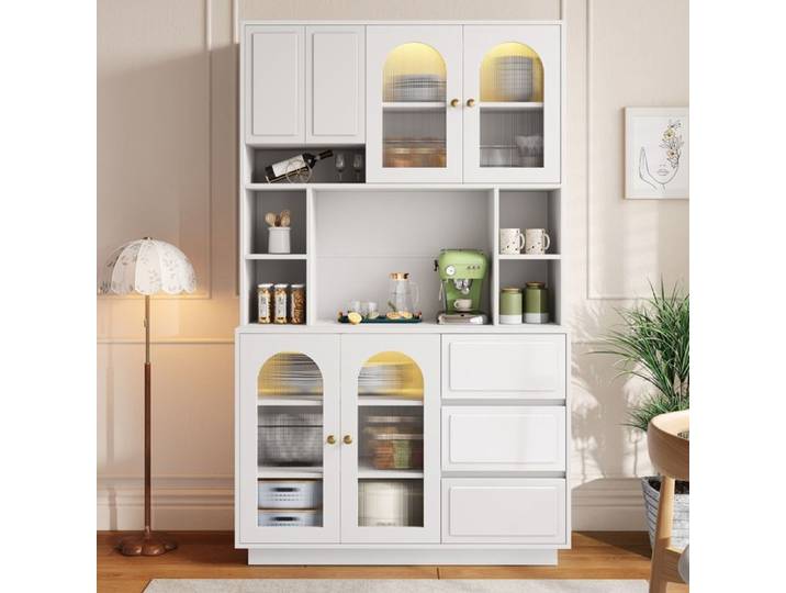 Armoires Cuisine Buffet Haut Vaisselier avec Éclairage LED Meuble de Cuisine avec Portes Acryliques Cintrées 3 Tiroirs Blanc