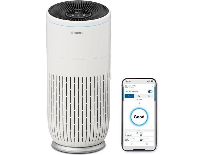 Luftreiniger BOSCH Air 6000i, leistungsstark und mit App-Steuerung , weiß, B:32,4cm H:72,9cm T:32,4cm Ø:32,4cm, Luftreiniger, Luftreiniger, mit 4-in-1 Luftfilter und Temperatur- und Luftfeuchtigkeits-Sensor