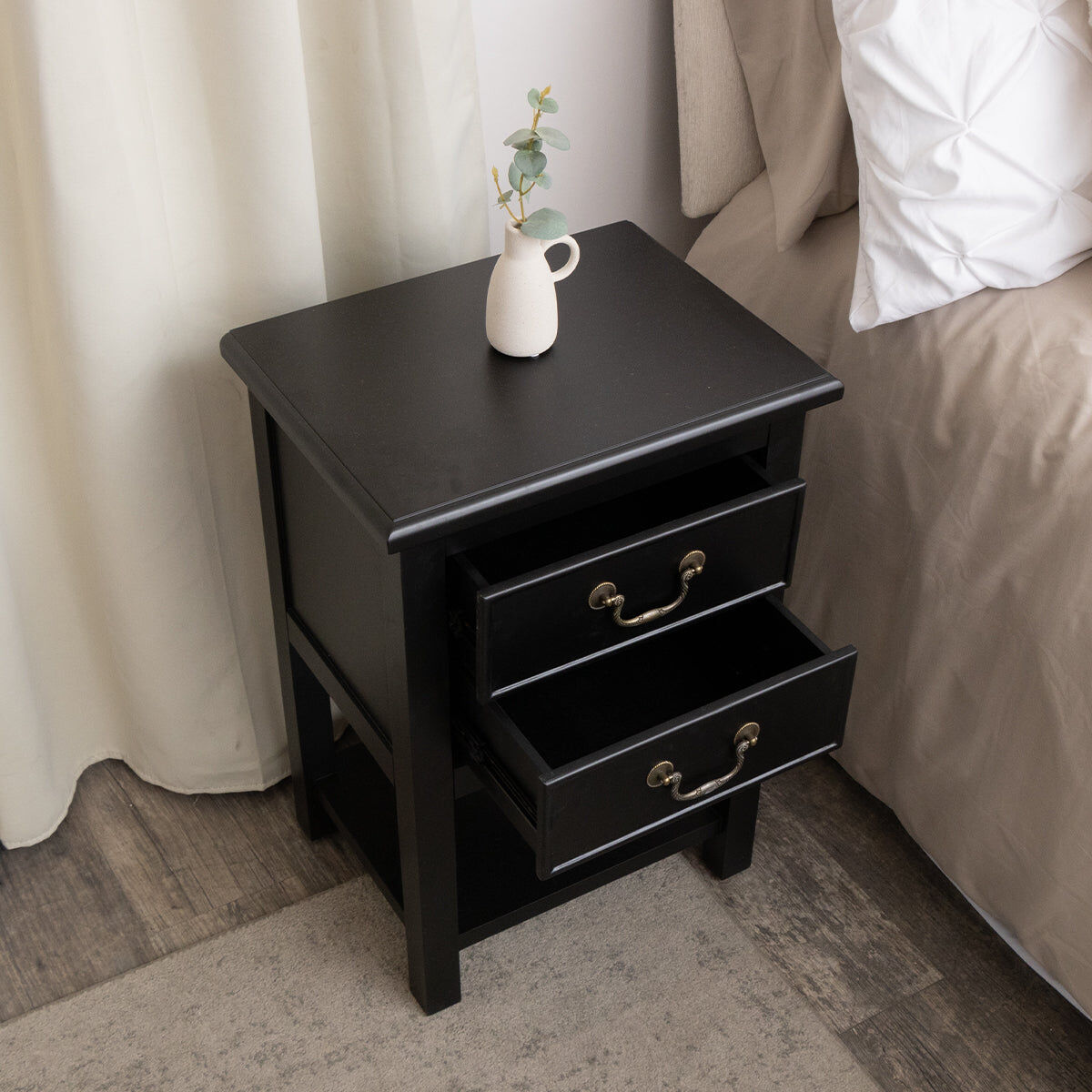 Black 2 Drawer Bedside Table with Shelf - Briggs Range Manufactured Wood, Metal