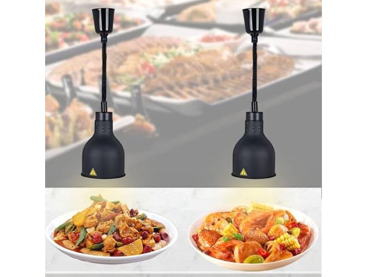 BOVDC Wärmelampe Küche Gastro, Wärmelampe Speisen Hängend 19cm/25cm Speisewärmer Lampe für Buffet Höhenberstellbar, 250W Schwarz Lebensmittel Wärmelampe Küche für Essen
