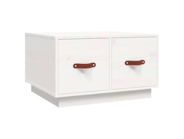 KUTYWEXFM Couchtisch Weiß 60x53x35 cm Massivholz Kiefer Beistelltisch Zwei praktische Schubladen schaffen diskreten Stauraum im Wohnzimmer, gefertigt aus Kiefernholz mit Kunstleder-Details.