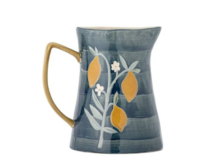 Bloomingville Creative Collection Feriha Krug in der Farbe Blau mit Zitronen Motiv aus Steingut, 24x18,5 cm, 3,1 L, 82060469