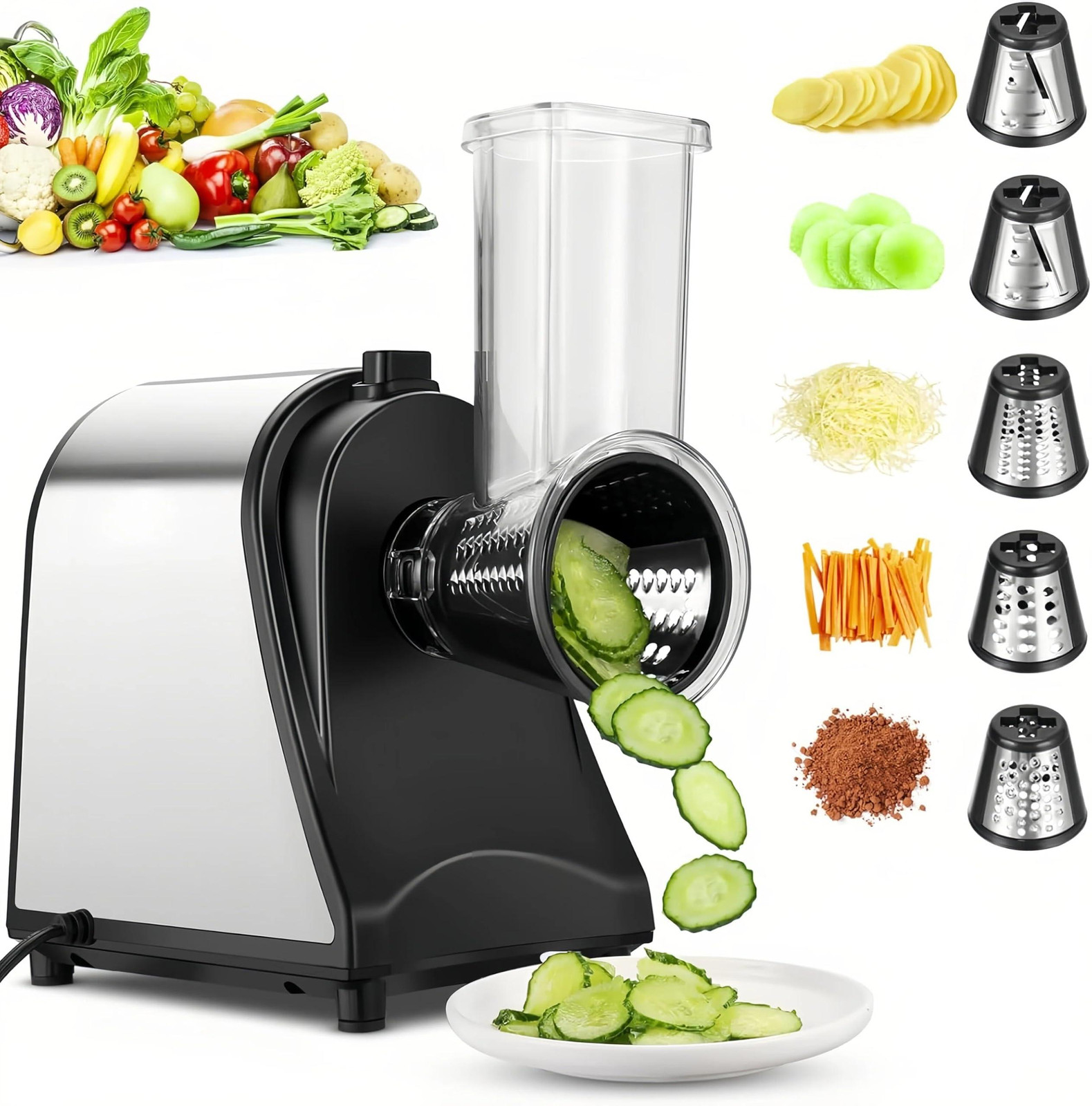 Dripio Elektrische 5-in-1 multifunctionele rasp met roestvrij staal, 250W