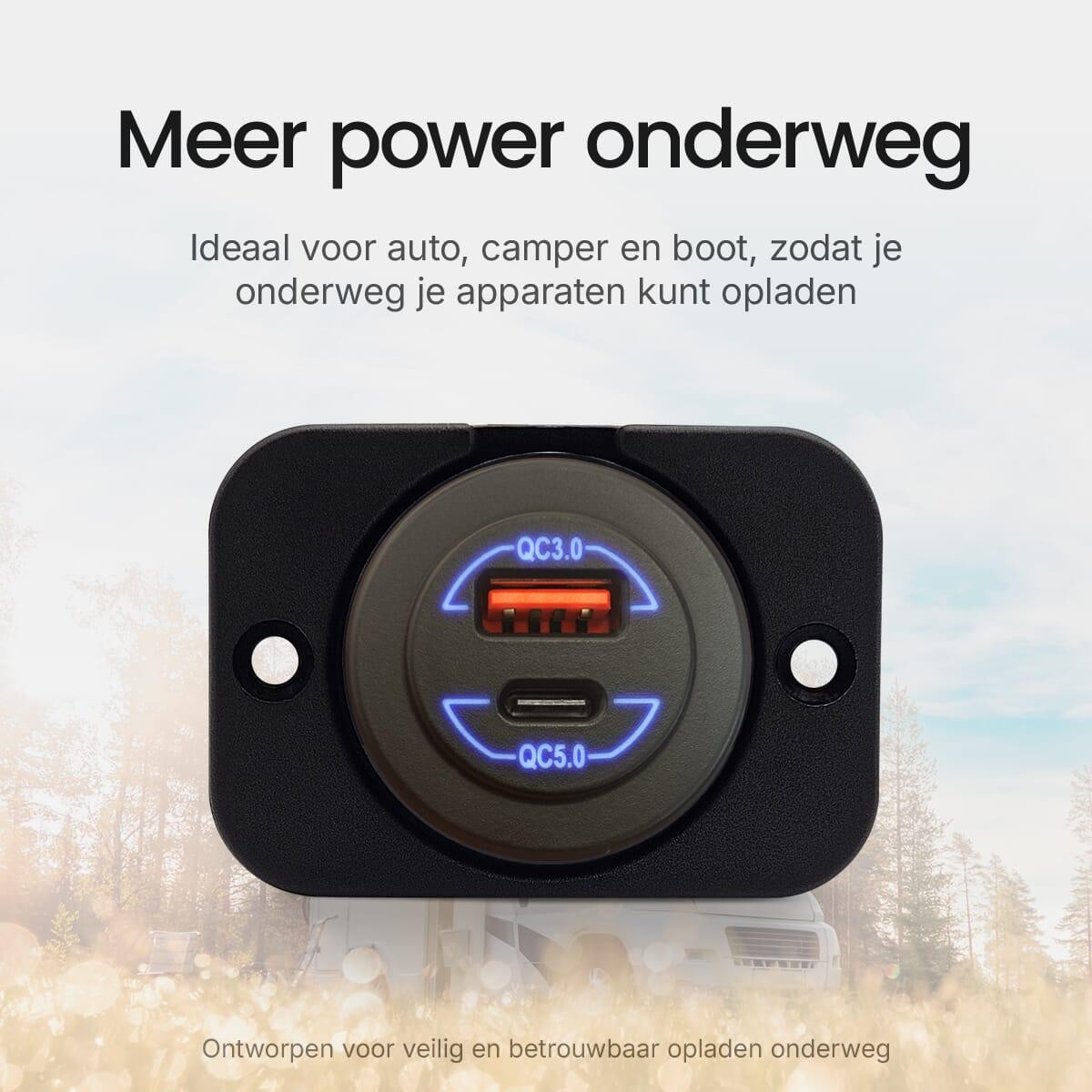 ProRide USB-A/USB-C Autolader met 2 poorten, QC5.0, 96W, Inbouw, 12-24V, Blauw