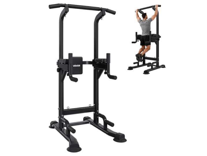 VEVOR Barre de Traction Autoportante Capacité 150 kg\, Chaise Romaine Hauteur Réglable sur 12 Niveaux et Dossier sur 4 Niveaux\, Tour de Musculation Dips Pompes Relevés de Jambes\, Entraînement Domicile