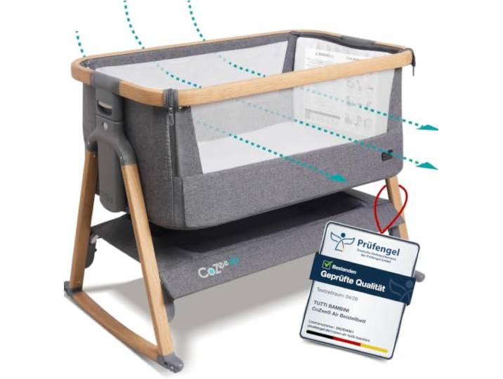Tutti Bambini CoZee® Air Beistellbett Baby - 2-in-1 Baby Bett & Reisebett mit Matratze, Babywiege mit Rollen - Prüfengel Geprüfte Qualität - Atmungsaktiv, 6 Höhenstufen (Eiche & Anthrazit)