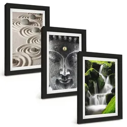BILDER SET 3er Set - 20x30 cm Schwarzer Rahmen - Der Frieden der Steine des Buda Zen-Wasserfalls