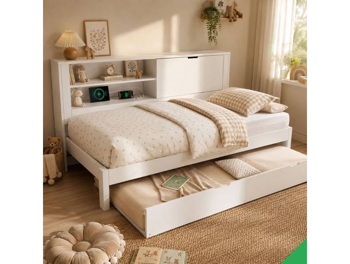 Canapé lit gigogne 90x190 cm blanc structure bois lit gigogne et rangement arrière intégré