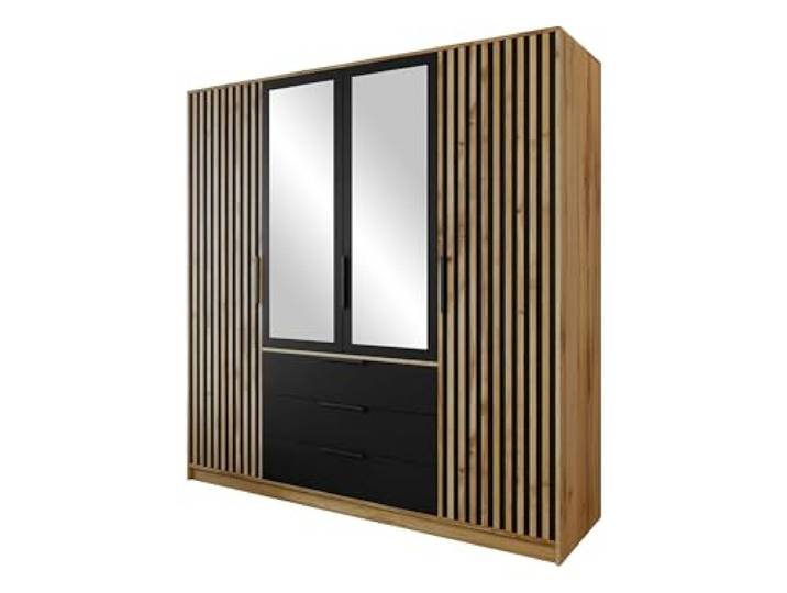 Mirjan24 Drehtürenschrank Bado Lux 4D mit Spiegel (Eiche Wotan/Schwarz) Geräumiger Kleiderschrank mit 3 Schubladen, 10 Fächern, Kleiderstange und Soft-Close-System für Kleidung und Accessoires