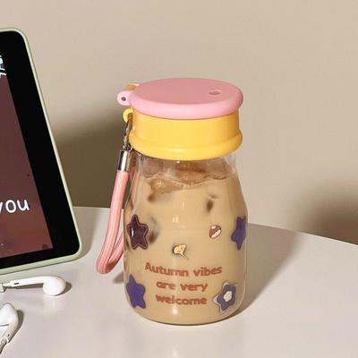 ModernMart StarrySip Glass Water Bottle With Straw Leakproof Iced Coffee & Matcha Tumbler pink