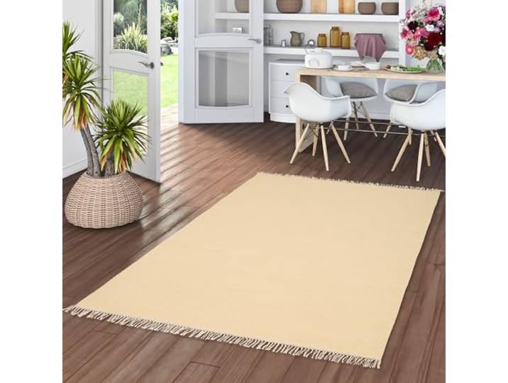 Pergamon Natur Teppich Wolle Kelim Mila Creme Naturteppich Handgewebt Pflegeleicht für Küche Flur Wohnzimmer