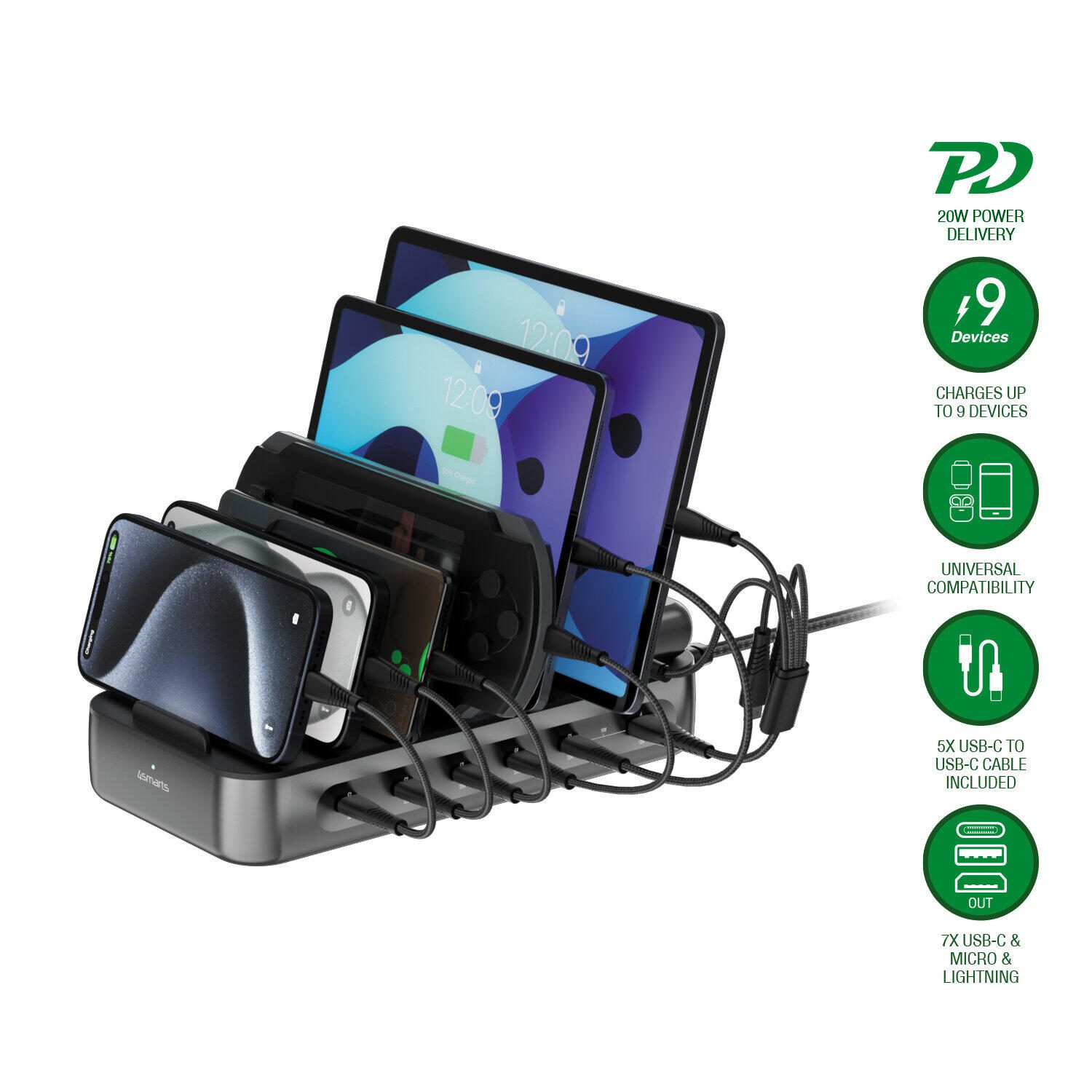 4smarts Ladestation Team 100W 5C/1A inkl. 6 Kabel, schwarz 541805