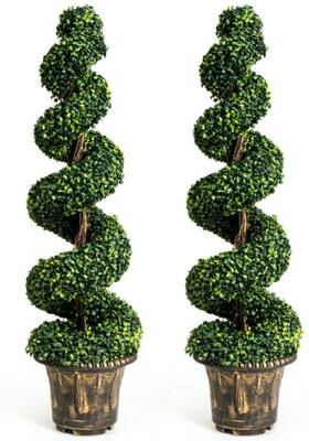 Costway 2 Pieces 4 Feet Artificial Décor Green Boxwood Spiral Tree Set