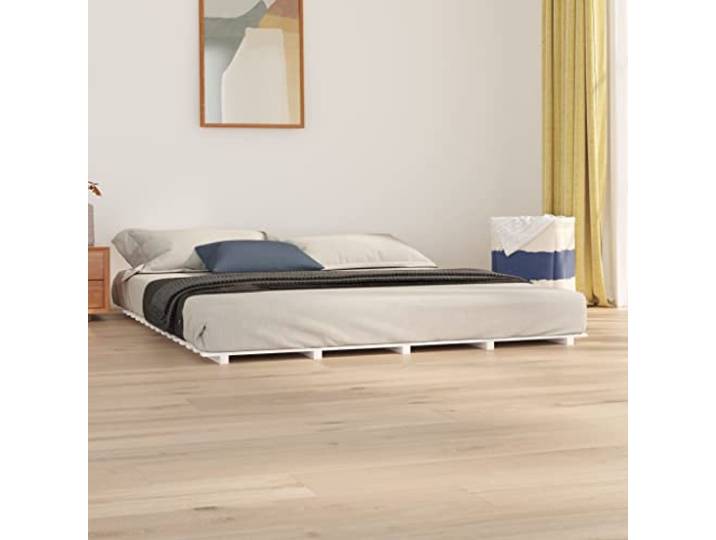 RJPLMFV Bettgestell, Massivholz, Kiefer, Weiß, 200 x 200 cm Ohne Matratze, Lattenrost-Design, für Schlafzimmer