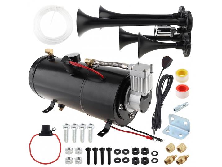 Kit de 4 cornes de Train de trompette 12V 185db, klaxon à Air sonore Musical avec compresseur d'air 150 PSI 3L, réservoir de compresseur de klaxon d'air