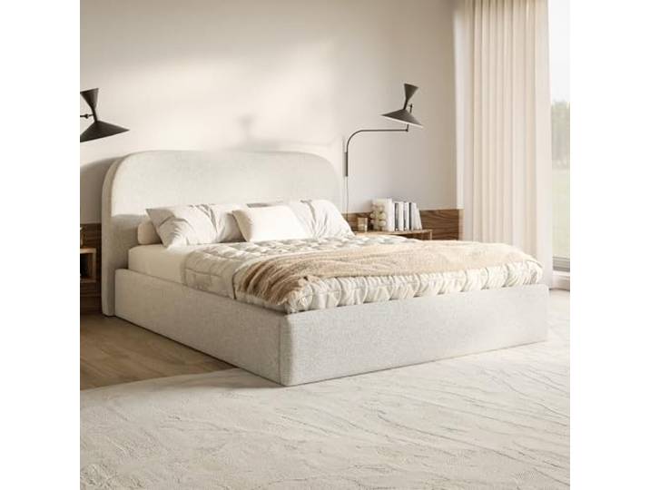 MOTIVENA Mono Bett 160x200 Beige Strukturstoff, mit Stauraum, mit Kopfteil, mit Lattenrost, ohne Füße, ohne Matratze, Polsterbett 160x200 mit Bettkasten Beige (Creme)