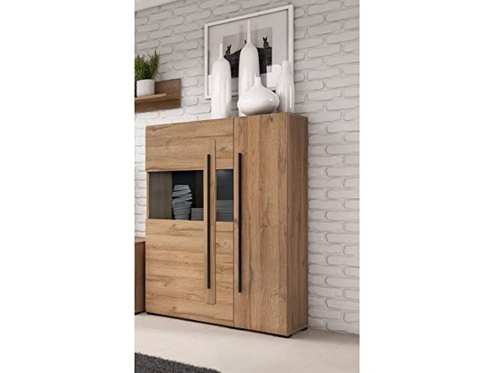 Lomadox Highboard Vitrine Eiche Grandson Nb. moderner Stil mit Absetzungen in schwarz, B/H/T: ca. 90/136/39 cm