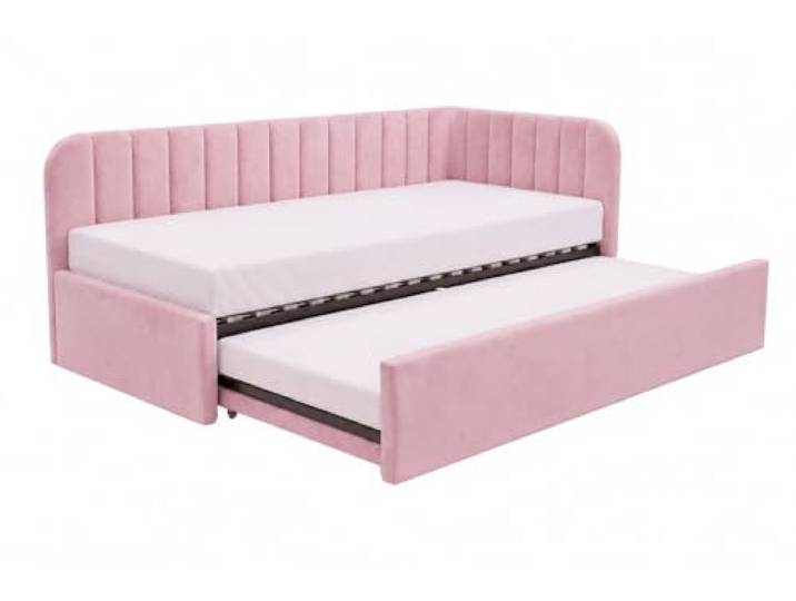 Kinderbett 100x200, Schlaffunktion, Matratze T28-30, Rosa, Rechte Schlafsofa mit zwei Liegeflächen, Jugendbett mit einer Schublade für Bettwäsche, Weicher Stoff