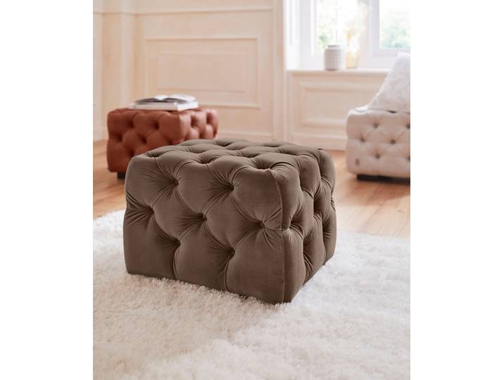 Polsterhocker, Samtoptik & Leder, Braun, 65×55 cm, Chesterfield-Design, Klassisch, Home-affaire