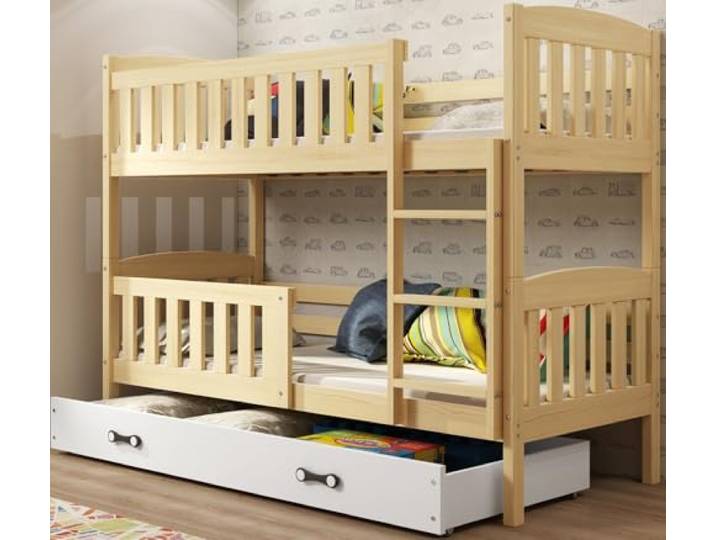 Interbeds Etagenbett 200x90 cm Hochbett Stockbett mit Schublade Holzbett Kiefernholz Kinderbett Jugenbett mit Lattenrost und Rausfallschutz (Naturton, 200x90)