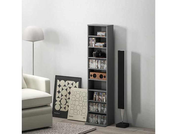 HOMCOM Meuble CD/DVD 9 Compartiments 6 Étagères Réglables Gris