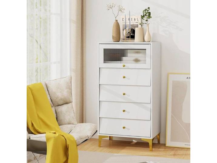 Commode - PAGE LIVING - 4 tiroirs - Porte vitrée rabattable - Blanc - Bois/verre/métal