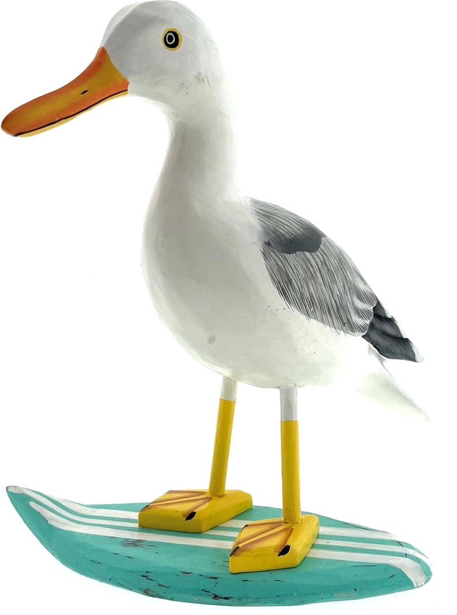 Meeuw op surfplank decoratie turquoise/wit 21 cm