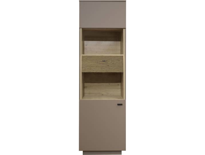 Standvitrine MÄUSBACHER, beige (taupe matt lack nb, eiche massiv geschruppt), B:60cm H:196cm T:45cm, Holzwerkstoff, Schränke, Standvitrine, Standvitrine, BHT 60/196/45 cm, inkl. Griffbeleuchtung, Türdämpfung