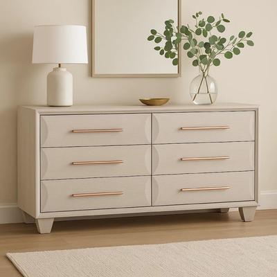 Benjara Nitz 6 Drawer Wide Dresser, White Oak Solid Wood Frame, Rose Gold Handles