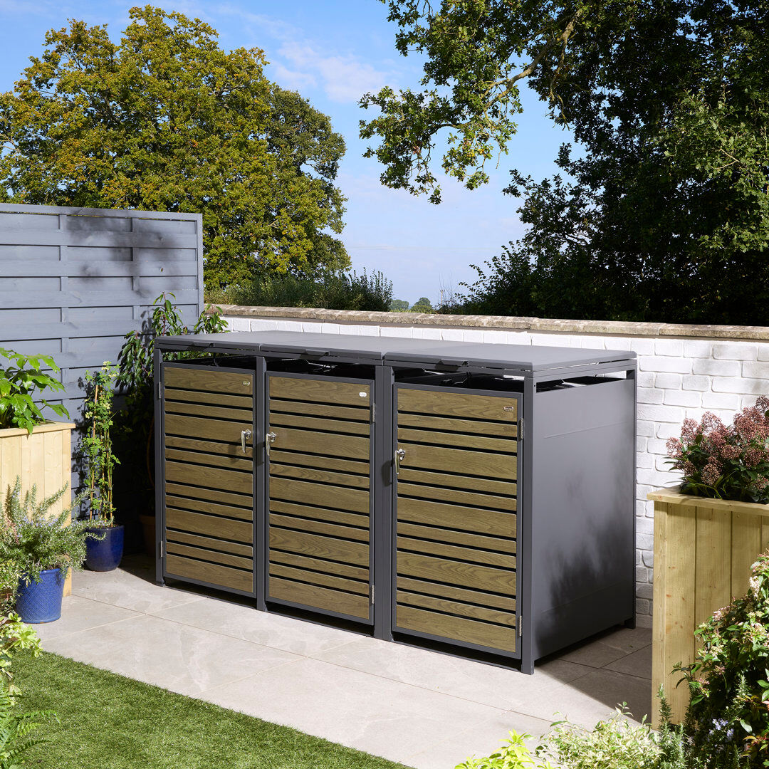 Rowlinson Metal Triple Bin Store Oak 116.5cm H X 200.5cm W X 81cm D