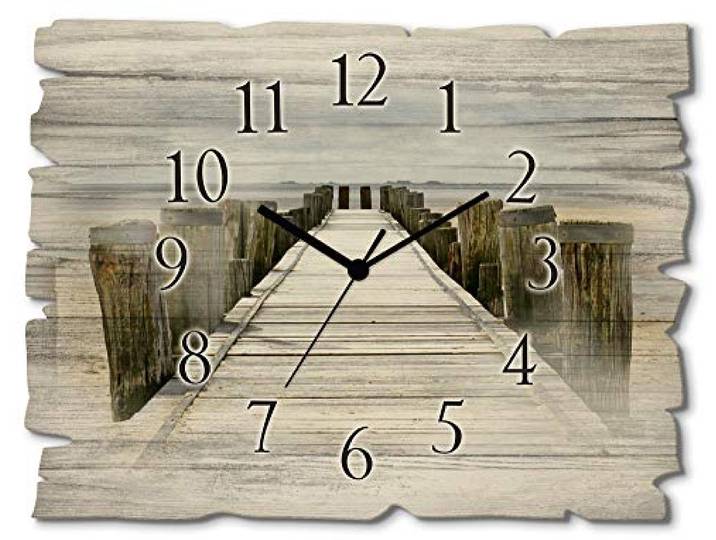 ARTLAND Wanddeko Wanduhr ohne Tickgeräusche aus Holz Quarzuhr 40x30 cm Rechteckig Lautlos Strand Meer Steg Watt Nordsee Maritim Originell T9NK