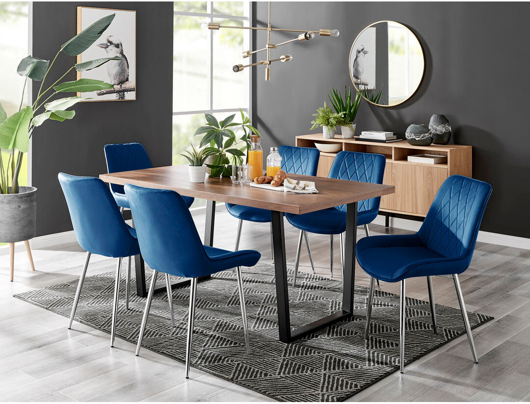 Canora Grey Kylooe Modern Sleigh Style Dining Table Set With 6 Luxury Quilted Velvet Dining Chairs Brown/Navy/Silver 6