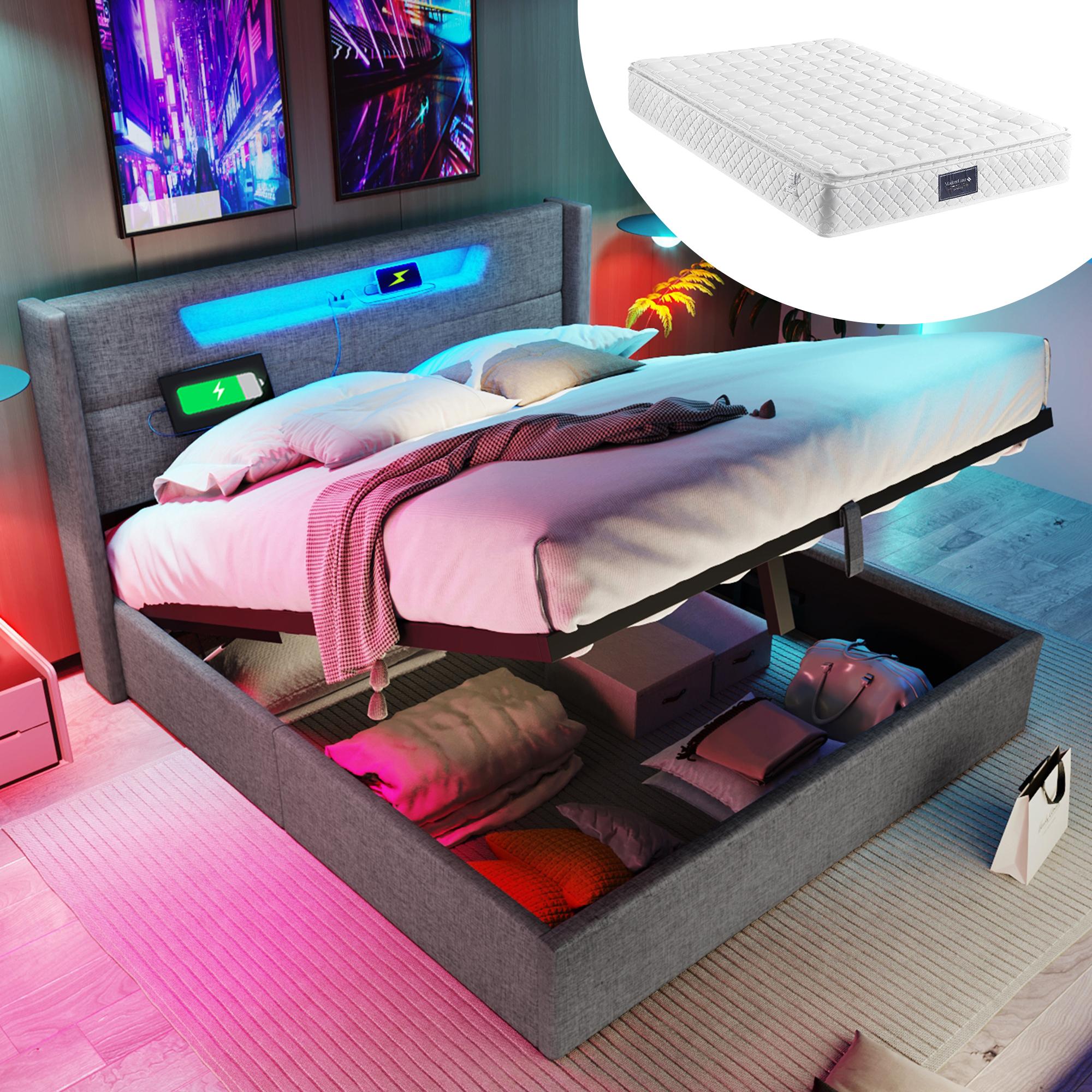 Polsterbett LED Doppelbett mit USB Typ C Ladefunktion und LED-Beleuchtung