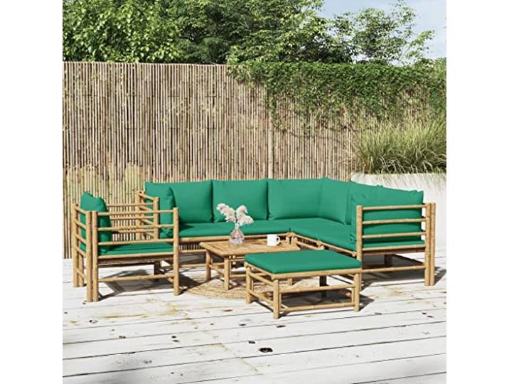 Bambou durable élégant ensemble salon jardin confortable Brun 70.8 Salon de jardin 8 pieces bambou avec coussins verts, ensemble modulable exterieur avec table et repose-pieds, canape