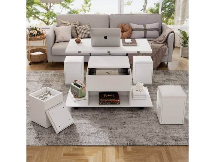 Table basse relevable - AUTREMENT - 100x100 cm - Blanc - 2 tiroirs - Design moderne