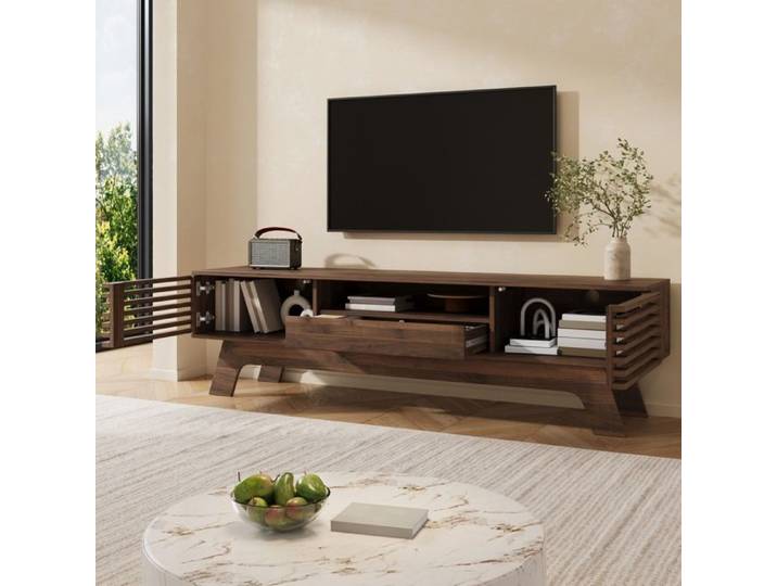 TV Lowboard TV TV TV Board Table TV MDF Portes lamelles tiroir Salon Noyer En MDF Avec espace de rangement Pour salon