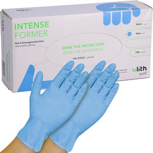 Ulith Einmalhandschuhe Intense Former, blau, 100 Stück, Nitril, chemikalienbeständig, lebensmittelecht, Größe XL