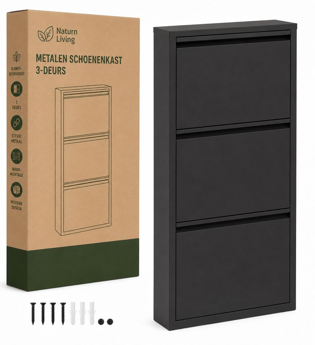 Naturn Living Metalen Schoenenkast 3-Deurs Mat Zwart – Wandmontage Schoenenrek voor Hal en Slaapkamer